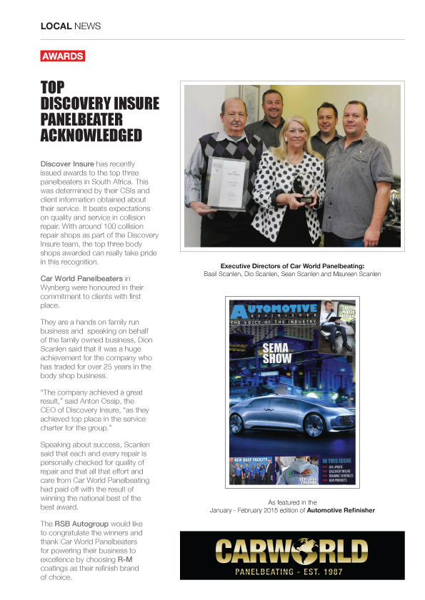 CAR-WORLD-PANELBEATERS-AWARDED-BEST-BODY-SHOP-BY-DISCOVERY-INSURE-–-FEATURED-IN-THE-JANUARY-FEBRUARY-2015-EDITION-OF-AUTOMOTIVE-REFINISHER